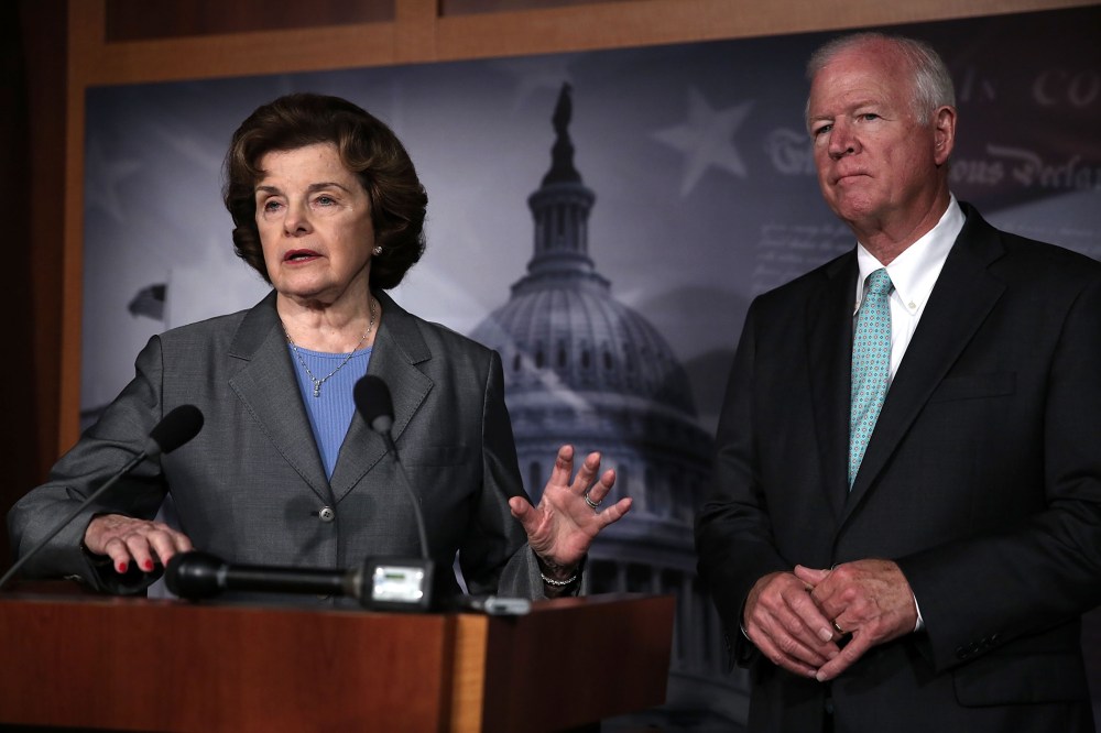 Chairman and Vice Chairman of the U.S. Senate Select Committee on Intelligence, Sen. Dianne Feinstein (D-CA) and U.S. Sen. Saxby Chambliss (R-GA) on Capitol Hill in Washington, D.C., June 6, 2013.