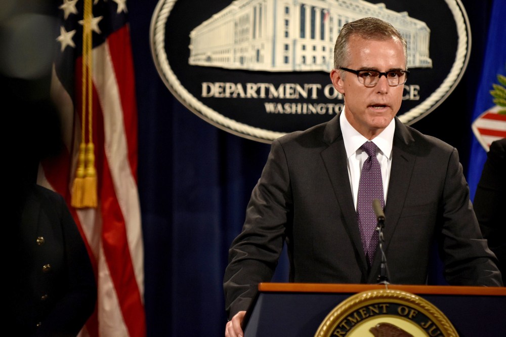 Image: FILE PHOTO - FBI Deputy Director Andrew McCabe details the filing of civil forfeiture complaints seeking the forfeiture and recovery of more than $1 billion in assets in Washington