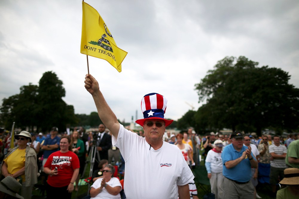 Al Teague of Myrtle Beach, SC. holds a flag while attending a Tea Party rally in front of the U.S. Capitol, June 17, 2013 in Washington, DC.