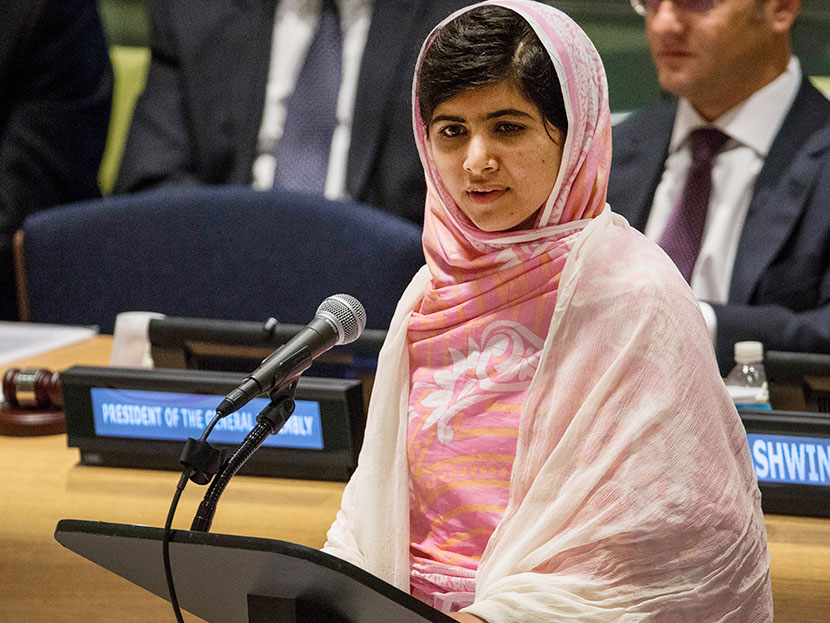 Malala Yousafzai, the 16-year-old Pakistani advocate for girls' education who was shot in the head by the Taliban, speaks at the United Nations (UN) Youth Assembly on July 12, 2013, in New York City. The United Nations declared July 12, "Malala Day." ...