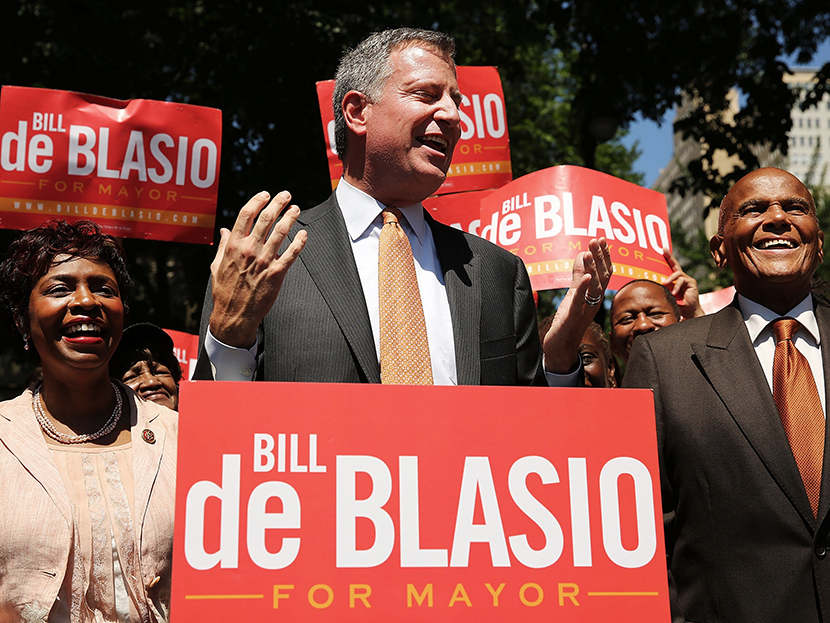 Entertainer and human rights activist Harry Belafonte (right) stands with New York Democratic mayoral candidate Bill de Blasio during a campaign event on July 30, 2013 in New York City.  (Photo by Spencer Platt/Getty Images)
