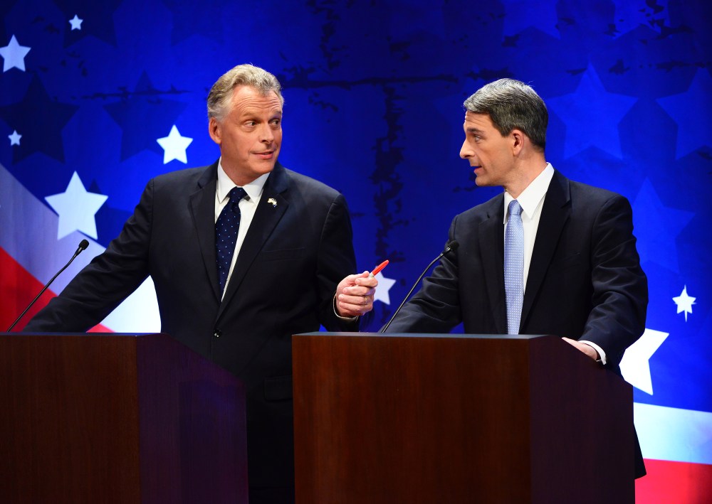 Virginia gubernatorial candidates Terry McAuliff and Ken Cuccinelli participate in a debate on September 25, 2013 in McLean, Va.