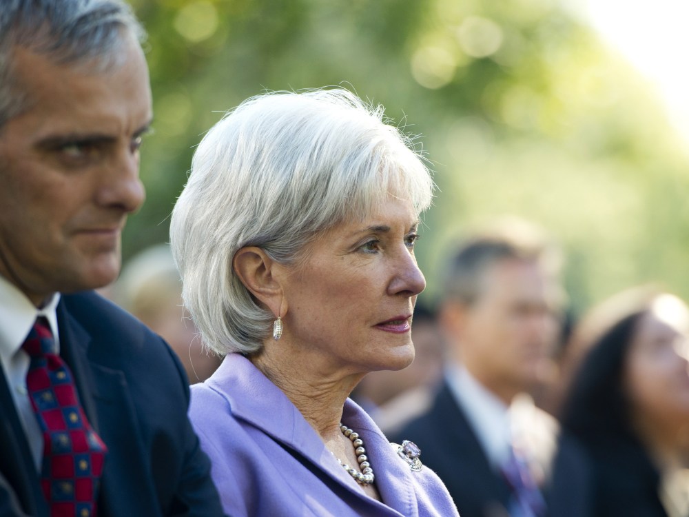 US Secretary of Health and Human Services Kathleen Sebelius attends an event with President Barack Obama to speak about the Affordable Care Act, October 21, 2013.