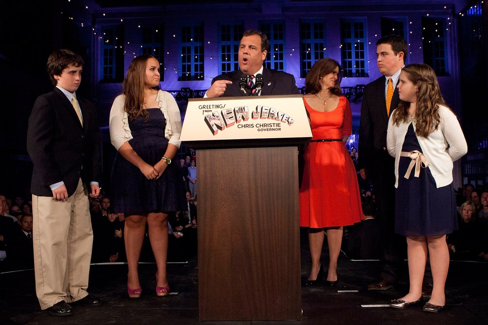 New Jersey Governor Chris Christie speaks next to his family at his election night event, Nov. 05, 2013.