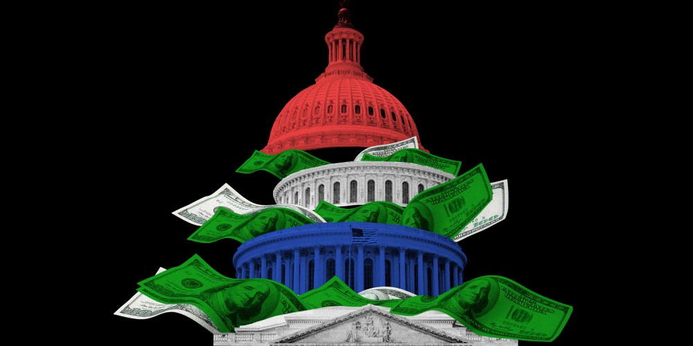Image: Dollar bills coming out from the divided sections of the Capitol building, top section is red, middle section is white and the third section is blue.