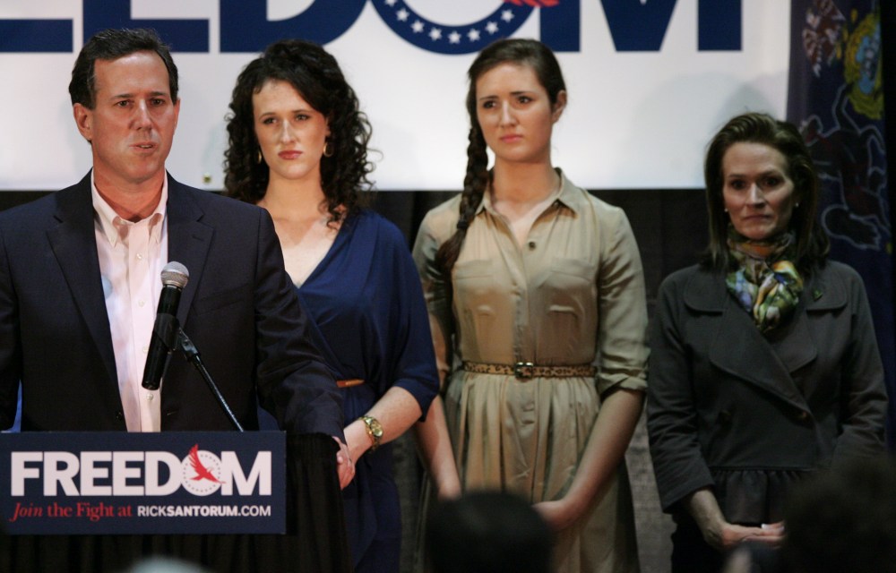 Rick Santorum speaks onstage during his Illinois primary night rally in Gettysburg, Pennsylvania, March 20, 2012.