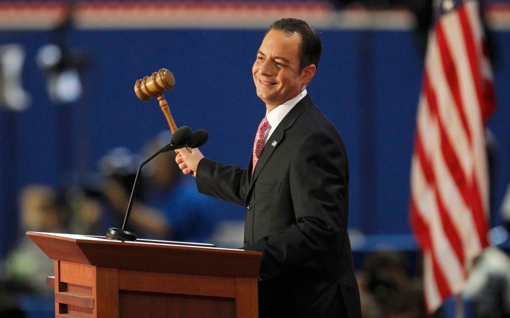 Republican National Committee Chairman Reince Priebus gavels the 2012 Republican National Convention into session during the opening session of the Republican National Convention in Tampa, Florida August 27, 2012.