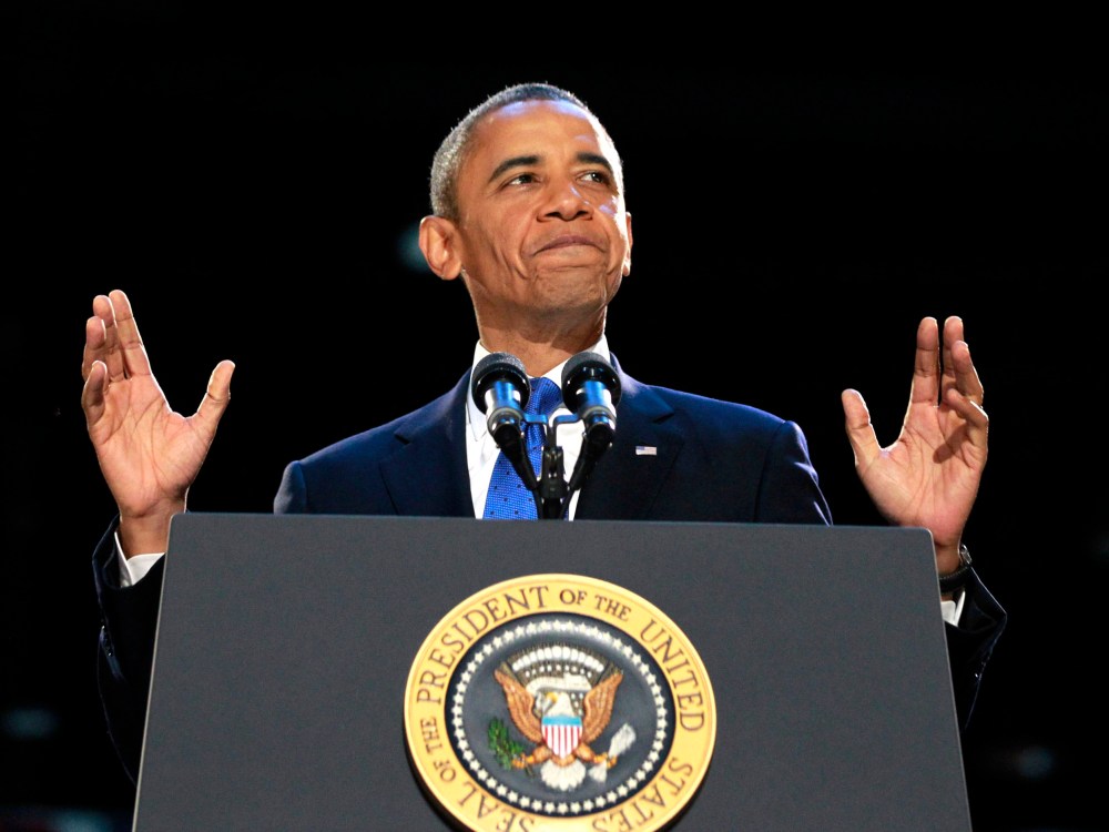 U.S. President Barack Obama speaks during his election night victory rally in Chicago, November 7, 2012.   (Photo by  REUTERS/Jason Reed)