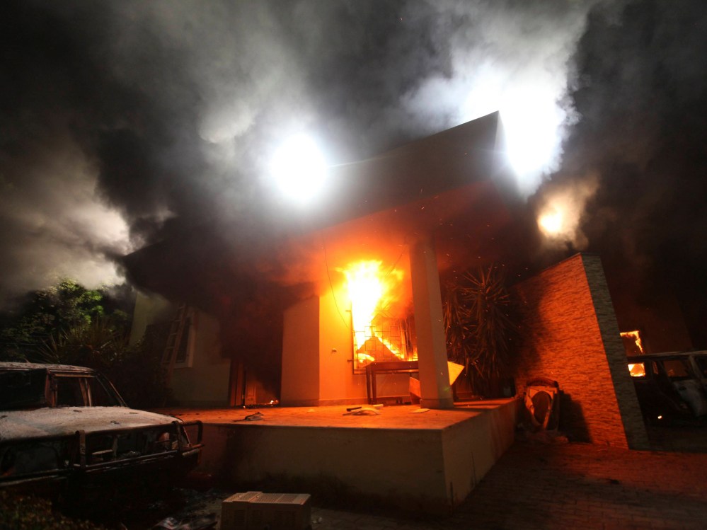 The U.S. Consulate in Benghazi in flames, September 11, 2012.