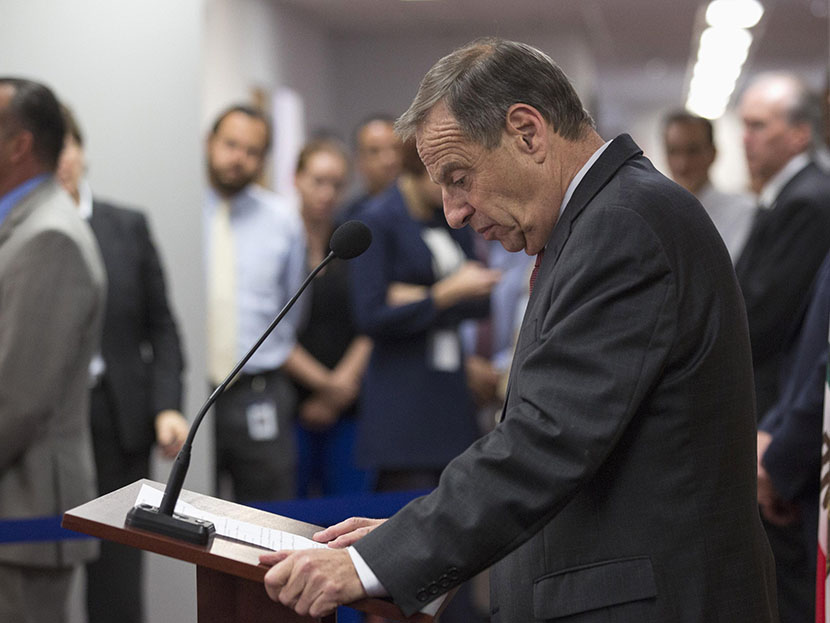 San Diego mayor Bob Filner looks down at the podium while speaking at a news conference in San Diego, California July 26, 2013. (Photo by Fred Greaves/Reuters)