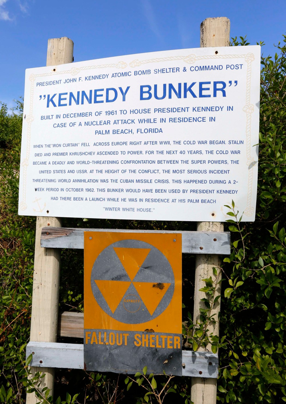 A sign marks a cold-war era nuclear fallout shelter on Peanut Island near Riviera Beach, Florida, November 8, 2013.