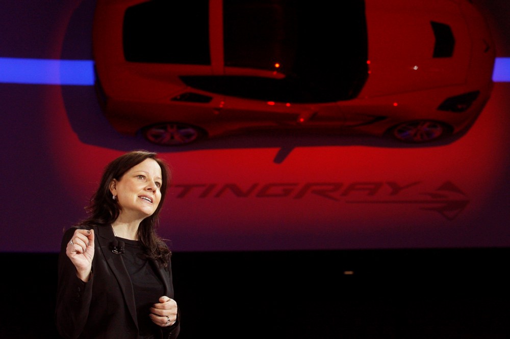 Mary Barra speaks near a 2014 Corvette Stingray at the North American International Auto Show in Detroit, Jan. 14, 2013.
