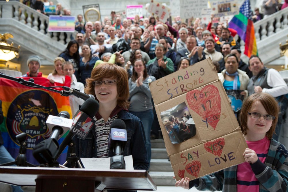 Brothers Riley (L) and Casey Hackford-Peer speak during a rally supporting same-sex marriage at the Utah state capitol in Salt Lake City, Utah January 9, 2014.