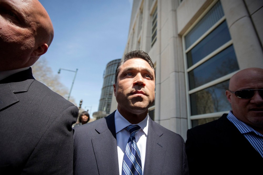 U.S. Representative Michael Grimm (R-NY) exits the Brooklyn Federal Courthouse in the Brooklyn Borough of New York on April 28, 2014.