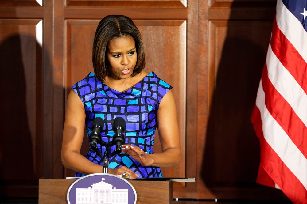 U.S. first lady Michelle Obama addresses a discussion with school nutrition experts about issues in school food programs at the Eisenhower Executive Office Building in Washington, May 27, 2014.