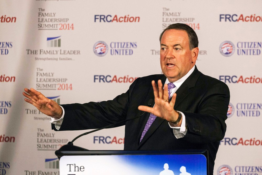 Former Arkansas Governor Mike Huckabee speaks after the Family Leadership Summit in Ames, Iowa on Aug. 9, 2014.