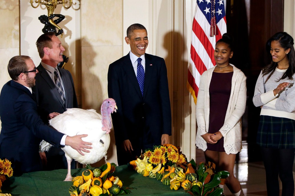 U.S. President Barack Obama, along with daughters Sasha (2nd R) and Malia (R), pardon the National Thanksgiving Turkey "Cheese"at the White House in Washington, D.C. on Nov. 26, 2014. (Photo by Gary Cameron/Reuters)