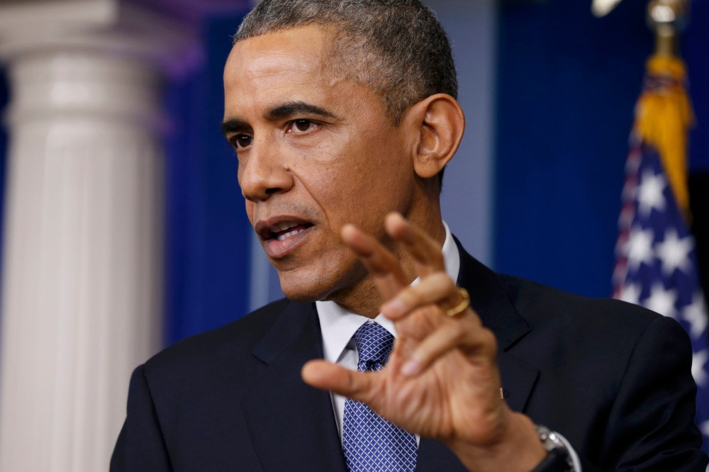 U.S. President Barack Obama answers a question about the cyberattack on Sony Pictures after his end of the year press conference on Dec. 19, 2014. (Kevin Lamarque/Reuters)