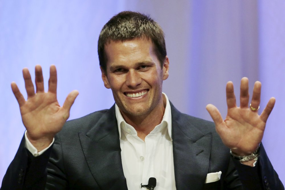 New England Patriots quarterback Tom Brady speaks at Salem State University in Salem, Mass. on May 7, 2015.