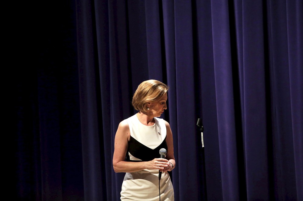 Republican presidential candidate Carly Fiorina pauses as she speaks during a campaign event at the Jewish Federation of Greater Des Moines in Waukee, Iowa, on Aug. 16, 2015. (Photo by Joshua Lott/Reuters)