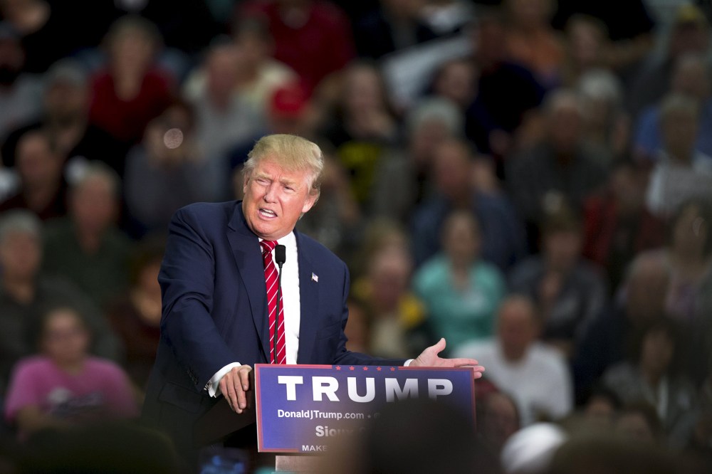 Republican U.S. presidential candidate Donald Trump speaks during a campaign rally at West High School in Sioux City, Iowa, Oct. 27, 2015. (Photo by Scott Morgan/Reuters)