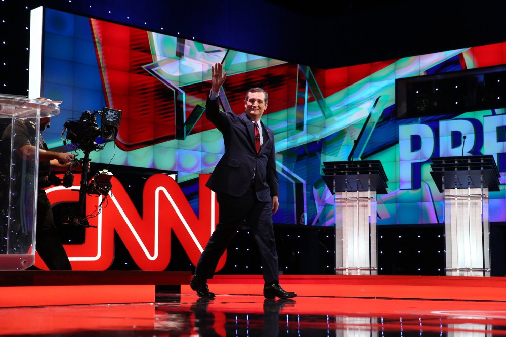 GOP candidate Ted Cruz is introduced during the Republican presidential debate hosted by CNN at The Venetian in Las Vegas, Nev., Dec. 15, 2015. (Photo by Ruth Fremson/NYT/ZUMA)