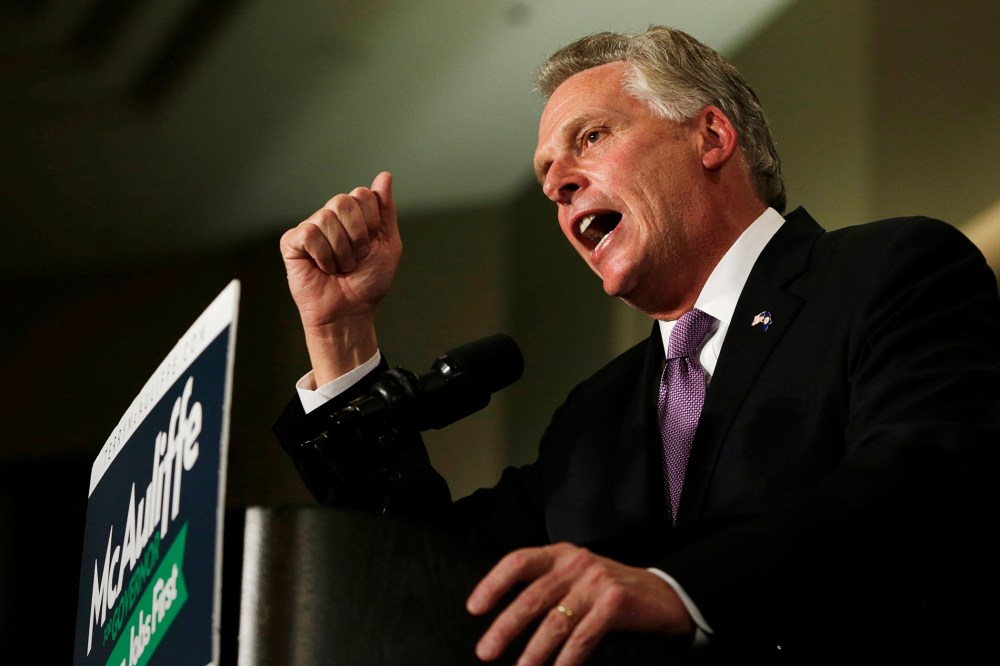 Terry McAuliffe speaks to supporters during his election night victory rally in Tyson's Corner, Va., Nov. 5, 2013. (Photo by Gary Cameron/Reuters)