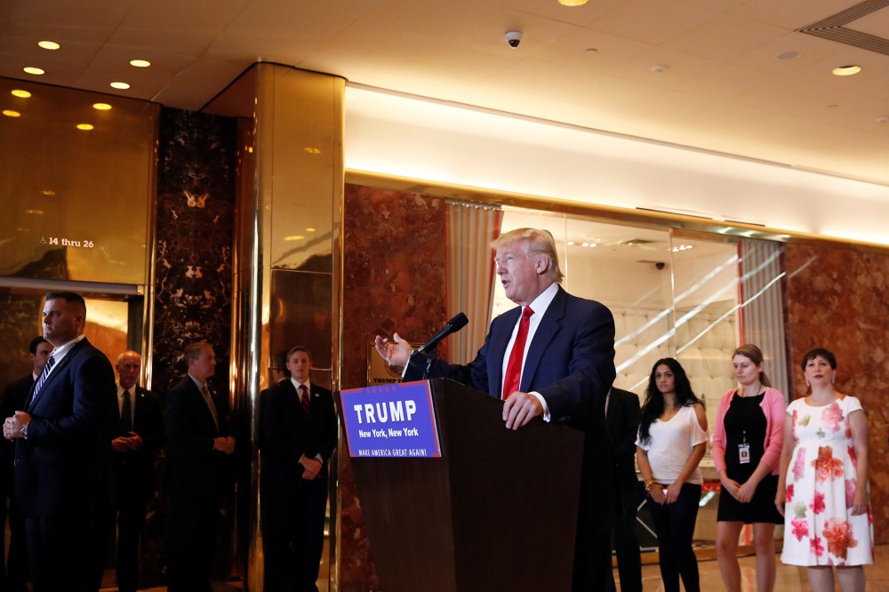 U.S. Republican presidential candidate Donald Trump addresses the media regarding donations to veterans foundations at Trump Tower in N.Y on May 31, 2016. (Photo by Lucas Jackson/Reuters)