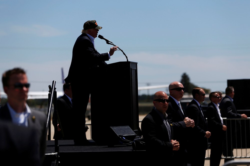 Security personnel stand guard as Republican U.S. presidential candidate Donald Trump speaks at a campaign rally in Redding, Calif. on June 3, 2016. (Photo by Stephen Lam/Reuters)