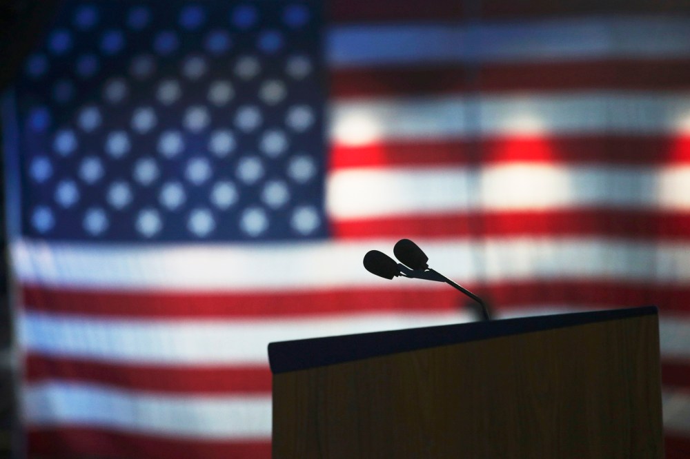 Microphones stand at the podium after Democratic presidential nominee Hillary Clinton's campaign chairman John Podesta addressed supporters at the election night rally in N.Y. on Nov. 9, 2016. (Photo by Adrees Latif/Reuters)