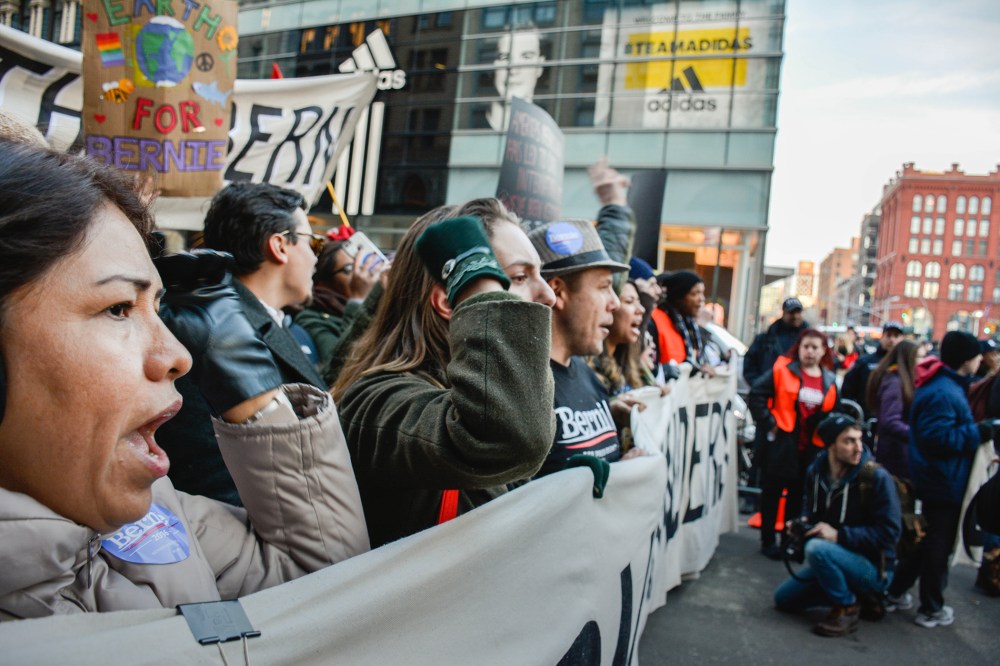 Drawing huge numbers, a crowd from March for Bernie NYC makes its way downtown from Union Square to Zuccotti Park on Jan. 30, 2016. (Photo by Angel Zayas/Pacific Press/ZUMA)