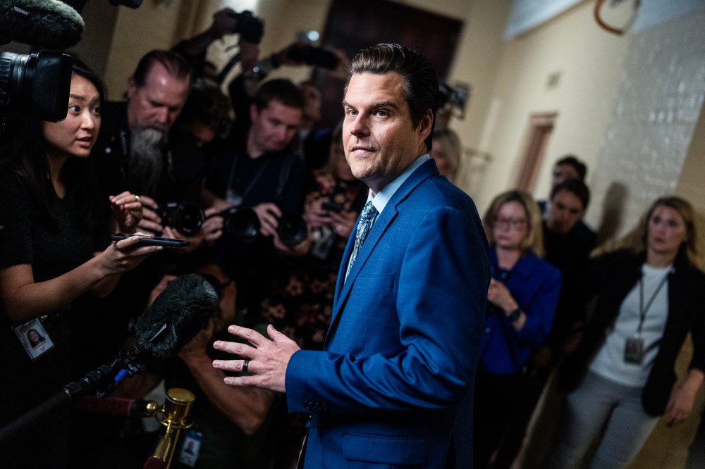 Rep. Matt Gaetz, R-Fla., talks with reporters in the U.S. Capitol on Oct. 3, 2023.