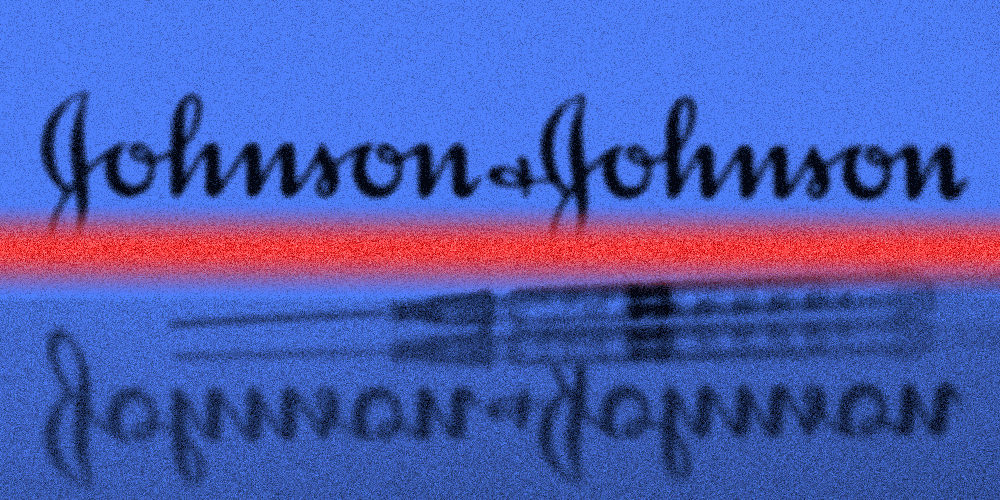 A scan line over a vaccine with the Johnson & Johnson logo in the background and its reflection on the surface.