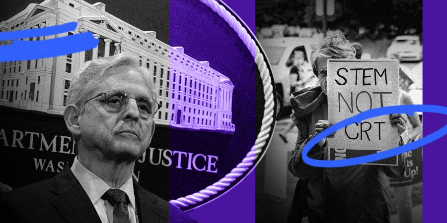 Photo illustration: Image of Merrick Garland and of a protestor at a school holding a board that reads,