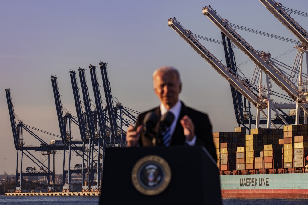 Image: President Joe Biden speaks about the infrastructure deal at the Port of Baltimore in Maryland on Nov. 10, 2021.