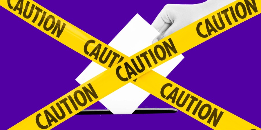 Photo Illustration: Caution tape crosses in front of a ballot box