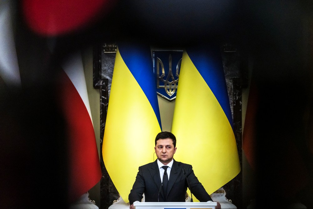 President Volodymyr Zelenskyy of Ukraine listens during a joint news conference with President Andrzej Duda of Poland in Kyiv, Ukraine, on Wednesday, Feb. 23, 2022. (Brendan Hoffman/The New York Times)