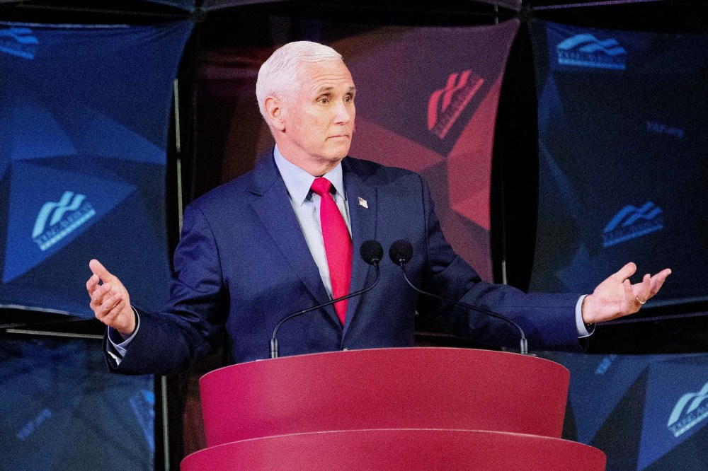 Former Vice President Mike Pence speaks at a campus lecture hosted by Young Americans for Freedom at the University of Virginia in Charlottesville, Va. on April 12.