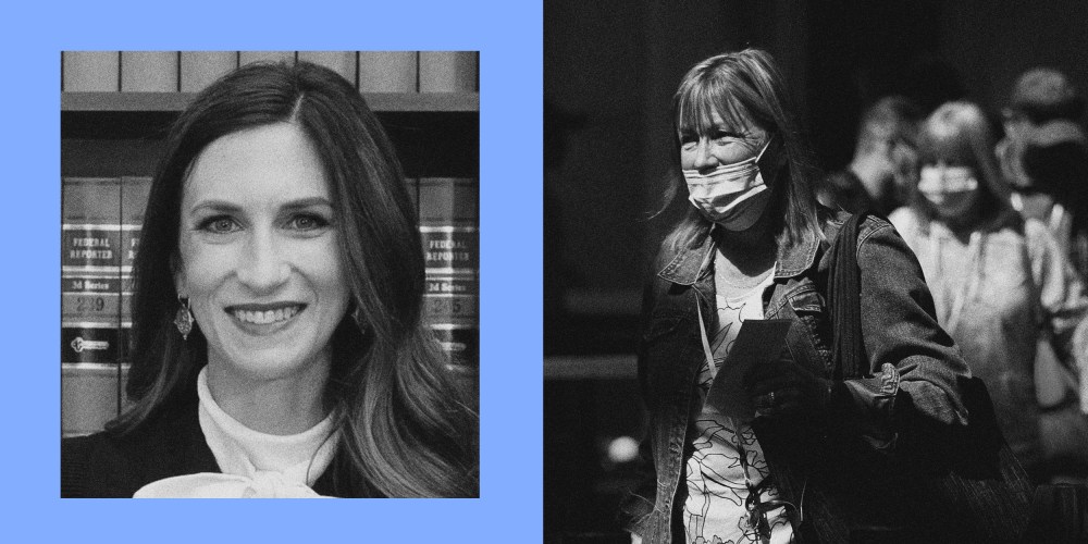 Photo illustration: Image of Judge Kathryn Kimbell Mizelle in a blue frame next to an image of a woman at an airport with the mask partially covering her mouth.