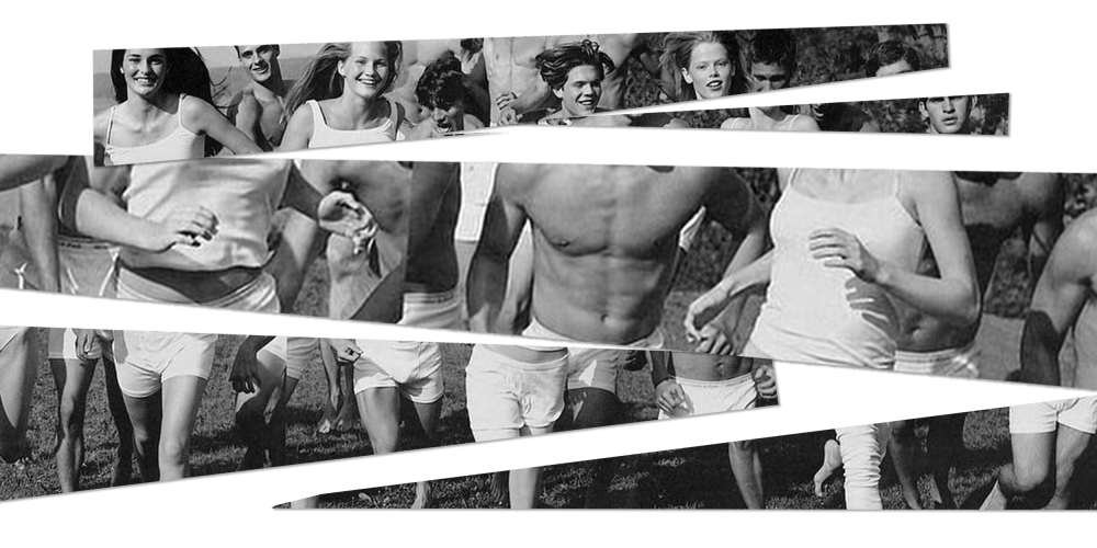 Photo illustration: Slices of an image showing male and female models in black and white.