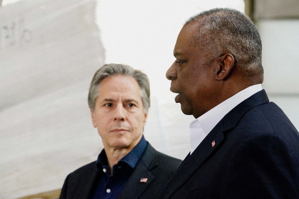 Secretary of Defense Lloyd Austin and Secretary of State Antony Blinken speak with reporters after returning from their trip to Kyiv, Ukraine and meeting with Ukrainian President Volodymyr Zelensky on April 25.
