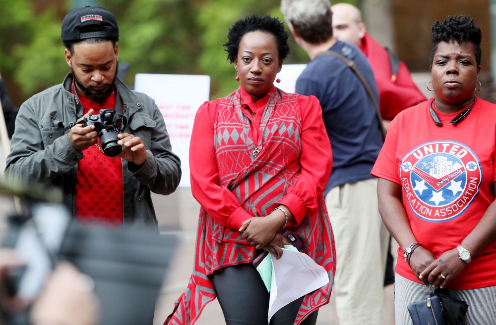 Pamela Moses attends a May Day gathering outside of city hall in downtown Memphis on May 1, 2019.