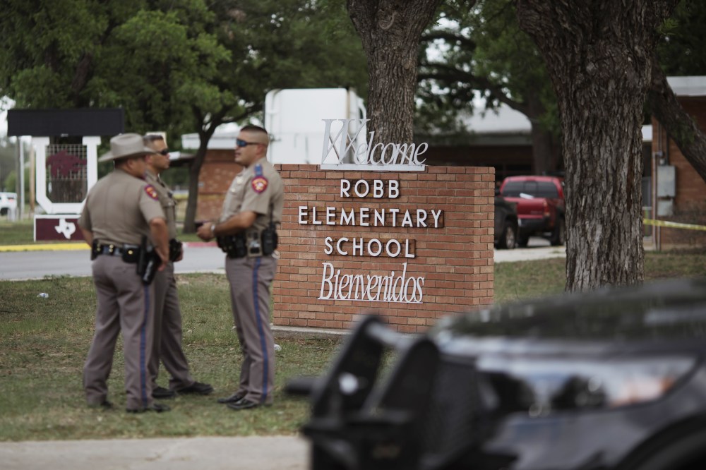 Texas state troopers outside Robb Elementary School in Uvalde, Texas on Tuesday, May 24.