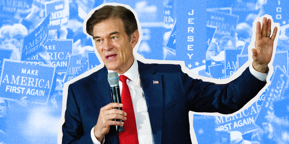 Photo Illustration: Dr. Mehmet Oz in front of a rally of people carrying signs that read "Make American First Again"