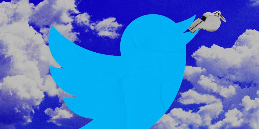 Photo illustration of the Twitter bird logo blowing a whistle against a blue sky and clouds.