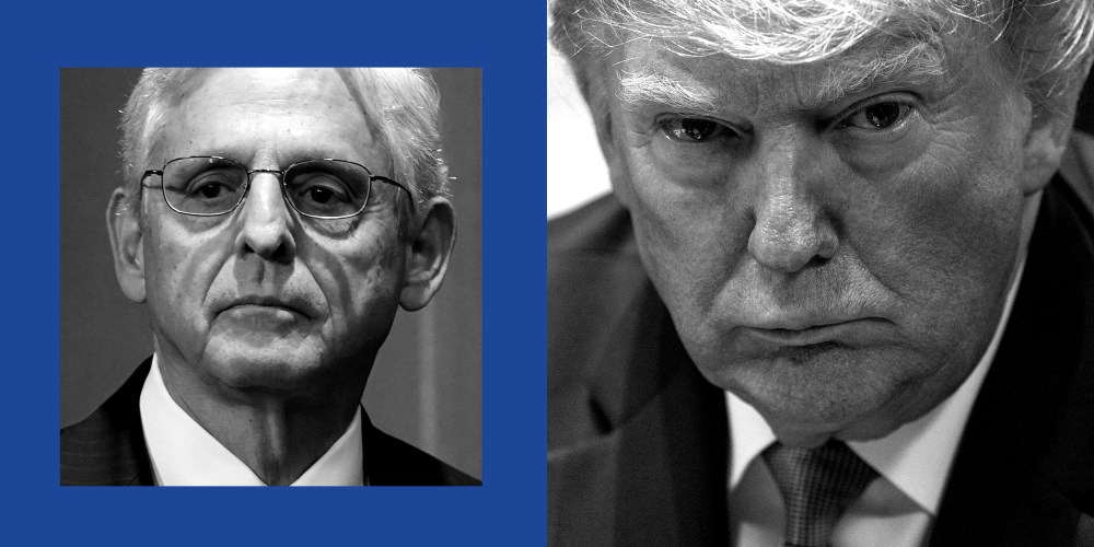 Photo diptych of Merrick Garland and Donald Trump