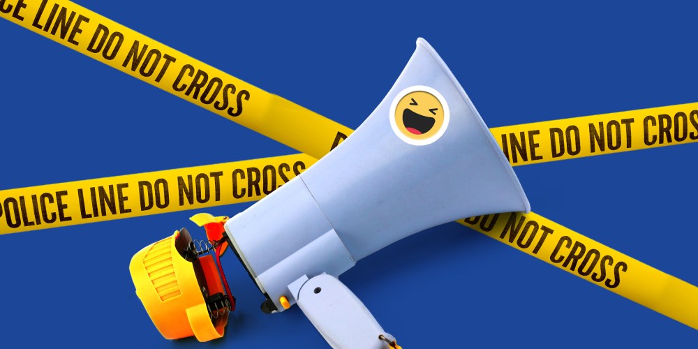 Photo illustration: A broken megaphone with a sticker showing the laughing emoji lying over yellow tapes that read,"Police Line Don't Cross".