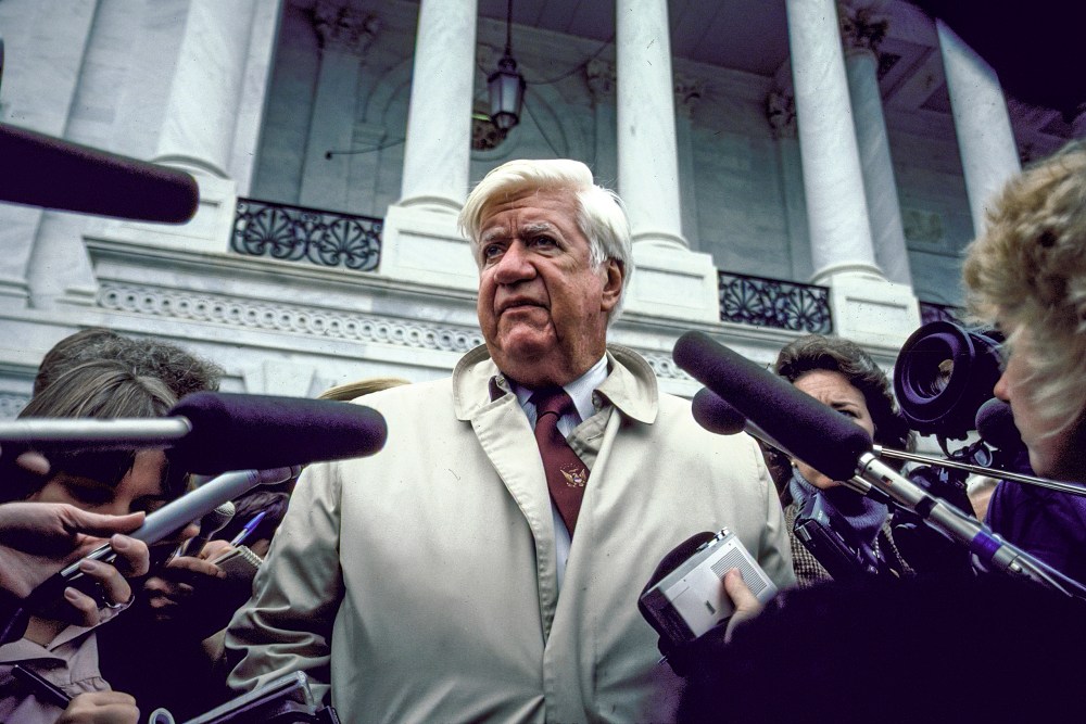 House Speaker Tip O'Neill talking to press upon arriving