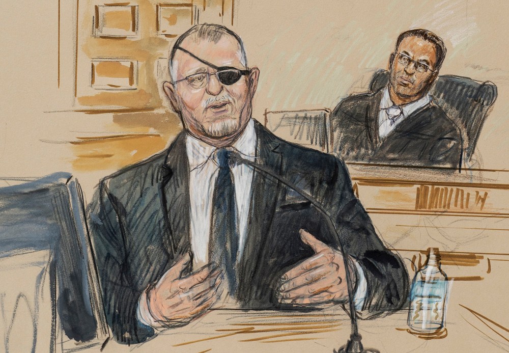 Image: A courtroom sketch depicts the trial of Oath Keepers leader Stewart Rhodes as he testifies before U.S. District Judge Amit Mehta.