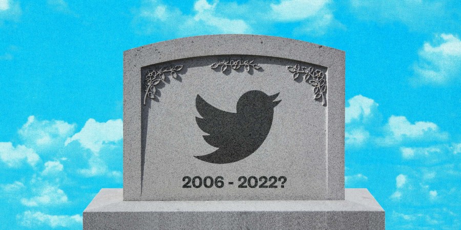 Photo Illustration: A tombstone emblazoned with the Twitter logo and text that reads 